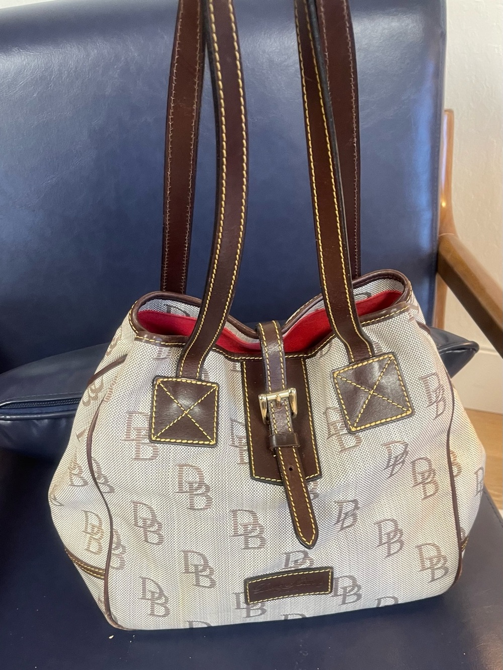 Dooney & Bourke Beige Monogram Shoulder Bag with Brown Trim and Red Lining
